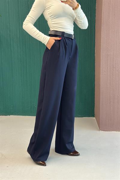 Likralı Krep Örme Kumaş Kemerli Salaş Pantolon Lacivert