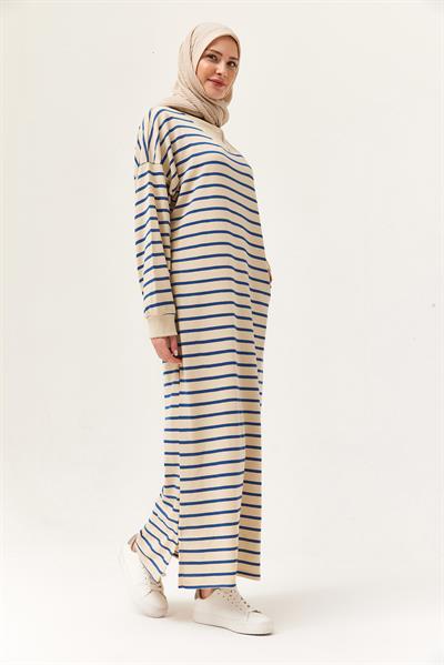 Yarım Fermuar Çizgili Uzun Elbise Lacivert