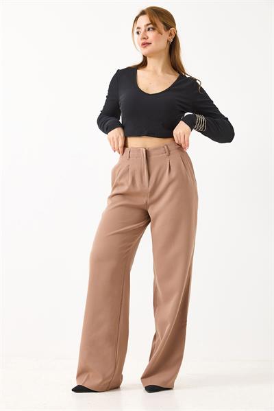 Kadın Yan Kemer Detaylı Bol Kesim Pantolon Sütlü Kahve