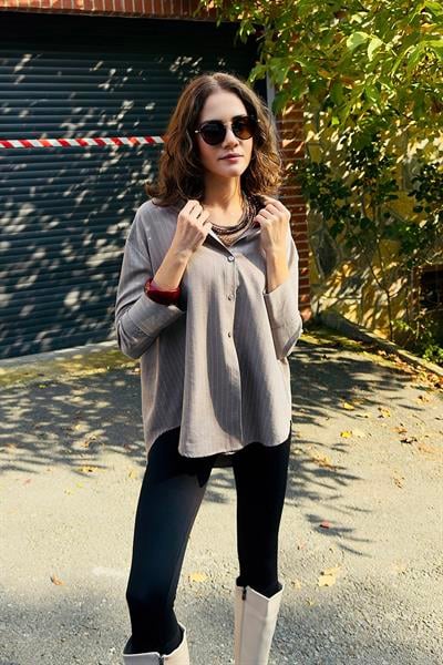 Kadın Çizgili Oversize Saten Süet Yumuşak Dokulu Gömlek Vizon