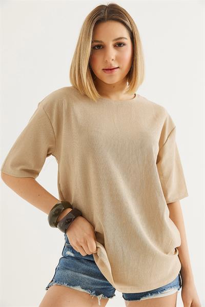 Bisiklet Yaka  Kısa Kol Basic Tshirt Krem