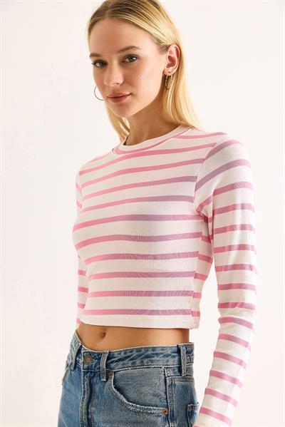 Kadın Çizgi Desenli Crop Bluz Pembe
