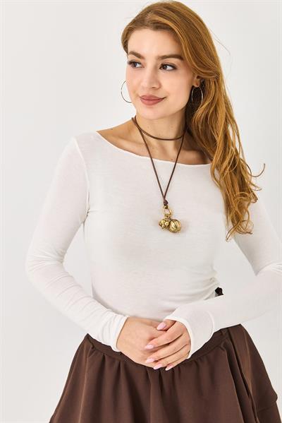 Kayık Yaka Kaşmir Uzun Kollu Bluz Beyaz