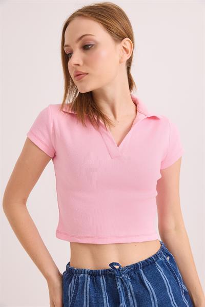 Polo Yaka Basıc Kısa Kollu Örme Kaşkorse Crop Bluz Pembe