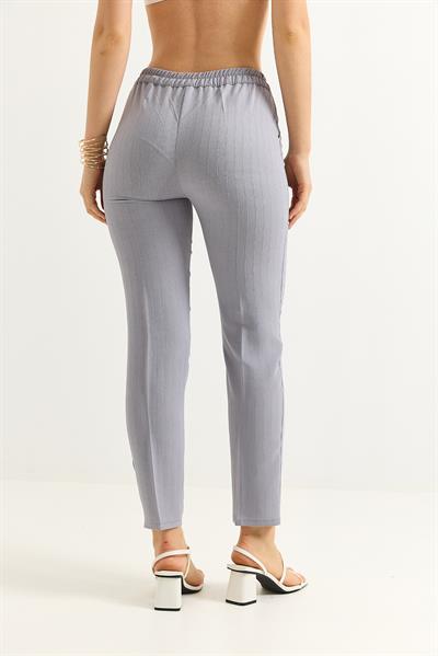 Beli Lastikli Çizgi Desenli Krep Pantolon Gri