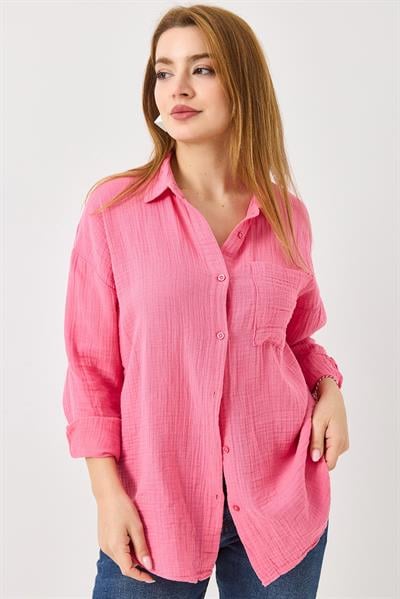 Uzun Kollu Oversize Gömlek Pembe