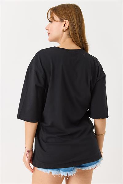 Kadın Yazı Baskılı Bisiklet Yaka Tshirt Siyah