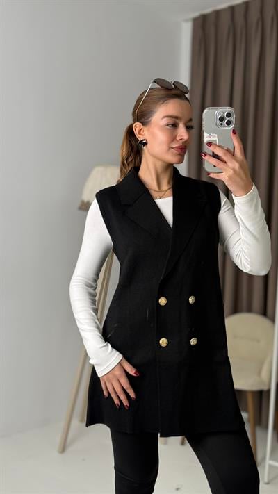 Düğmeli Oversize Triko Yeelek Siyah Kadın 