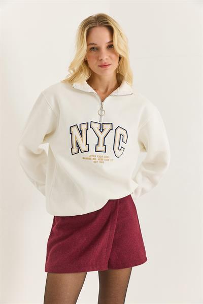 Nyc Nakışlı Fermuar Detaylı Dik Yaka Oversize Sweatshirt Beyaz