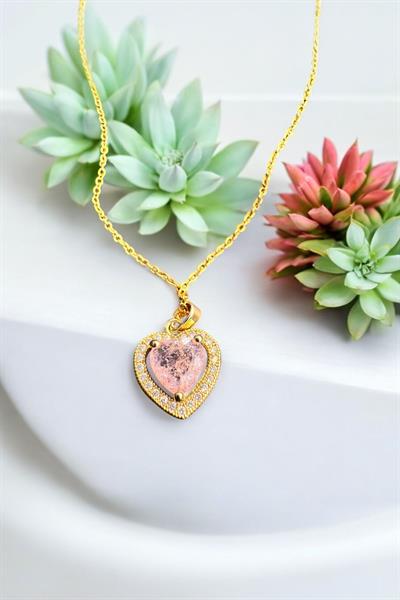 Pembe Kalpli Elmas Altın Zincir Kolye Gold