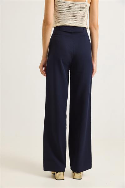 Yanları Şeritlik Bol Paça Kadın Pantolon Lacivert