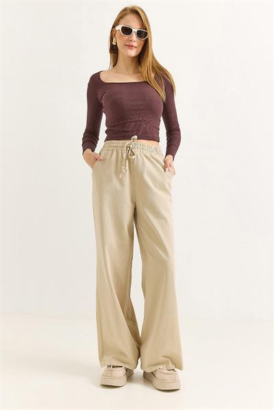 Kadın Pantalon Geniş Paça Bağcıklı  Pantalon Bej