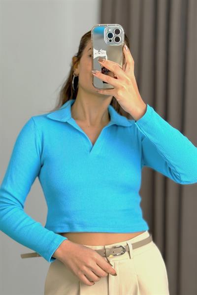 Kadın Polo Yaka Fitilli Crop Bluz Mavi