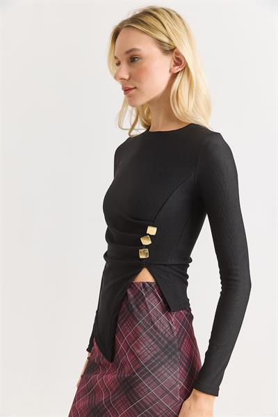 Yanları Tokalı ve Yırtmaçlı Uzun Kollu Bluz Siyah