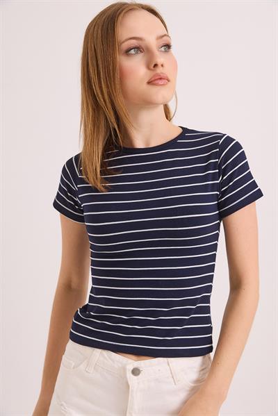 Kısa Kol Likralı Kompak Çizgili Tshirt Lacivert