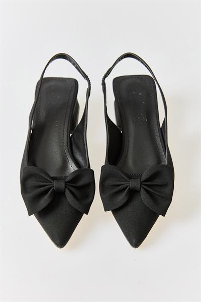 Kadın Kalın Topuk Fiyonklu Sling-Back Ayakkabı Siyah
