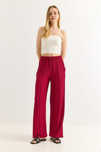 Bürümcük Çizgili Rahat Kesim Pantalon Bordo
