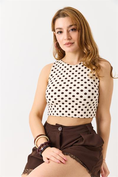 Kadın Poliyemid Kumaş Puantiyeli Crop Bluz  Krem