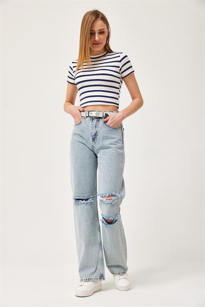 Yüksek Bel Bol Kesim Yırtık Detay Jean Mavi