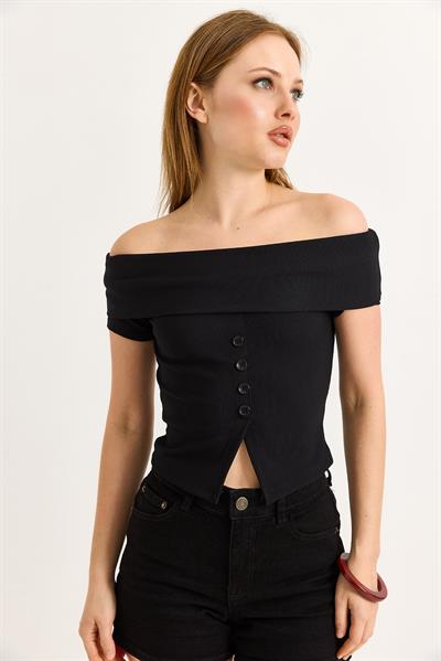 Kayık Yaka Düğme Detaylı Fitilli Örme Bluz Siyah 