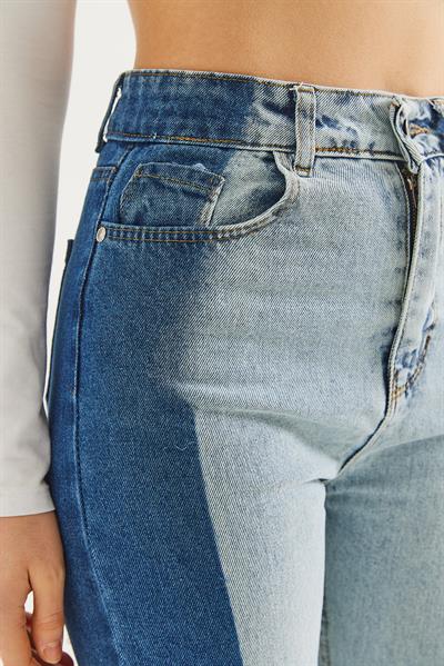 Çift Renk Yüksel Bel Mom Jean Mavi