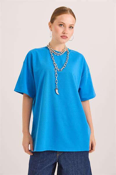 Oversize Bisiklet Yaka Basic Tshirt Mavi