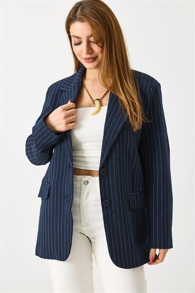 Kadın Çizgi Desen Blazer Ceket Lacivert