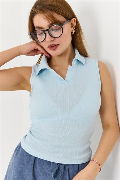 Sıfır Kol Polo Yaka Basıc Örme Kaşkorse Bluz Bebe Mavisi
