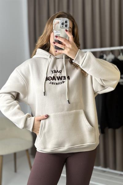 Oversize kapüşonlu Kanguru Cepli Sweatshirt Bej