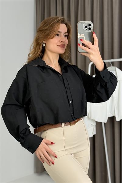 Kadın Balon Model Crop Şık Gömlek Siyah