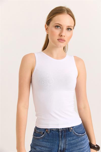 Kolsuz Bisiklet Yaka Bluz Beyaz