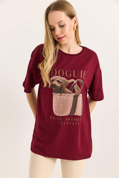 Baskılı Bisiklet Yaka Basic Tshirt Bordo