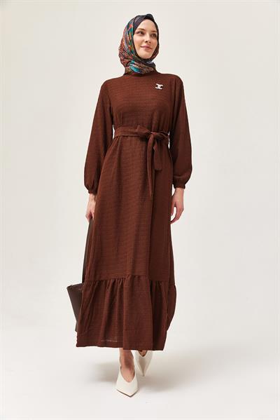 Kuşaklı Kat Keten Elbise Kahverengi