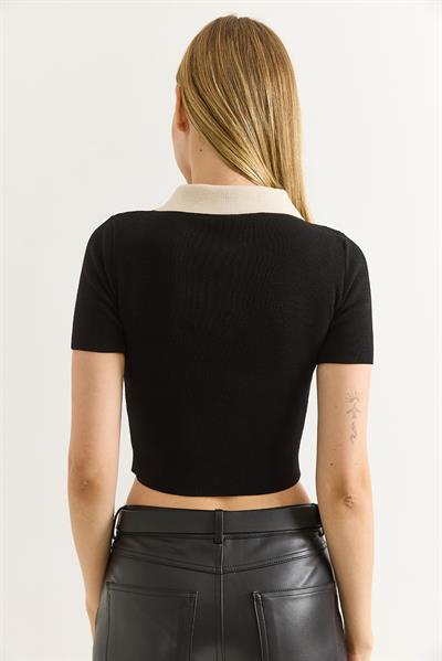 Polo Yaka Düğmeli Crop Bluz Siyah