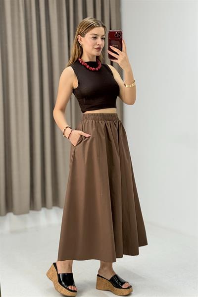 Kadın Paraşüt Kumaş Astarsız Midi Boy Etek Kahverengi