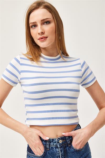 Çizgili Bisiklet Yaka Crop Bluz Açık Mavi