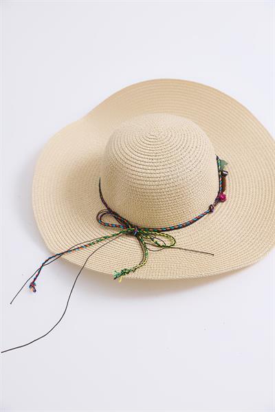 Etnik Boncuk Detaylı Kadın Hasır Şapka Bej