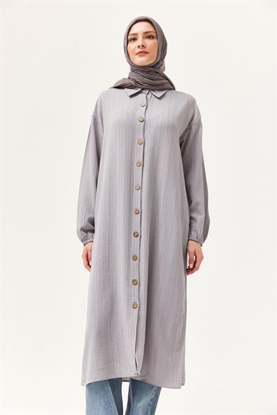 Keten Düğmeli Uzun Tesettür Tunik Gri