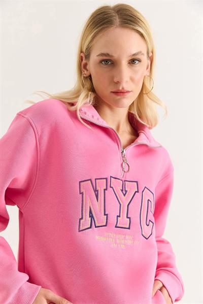 Nyc Nakışlı Fermuar Detaylı Dik Yaka Oversize Sweatshirt Pembe