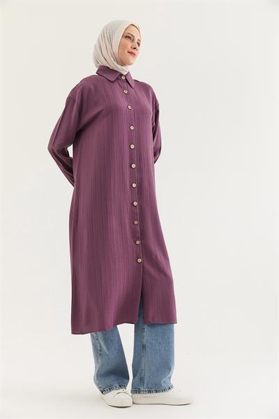 Keten Düğmeli Uzun Tesettür Tunik Mürdüm