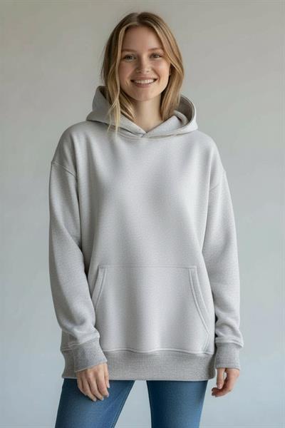 Kadın Kapüşonlu 3 İplik Şardonlu Gri Sweatshirt