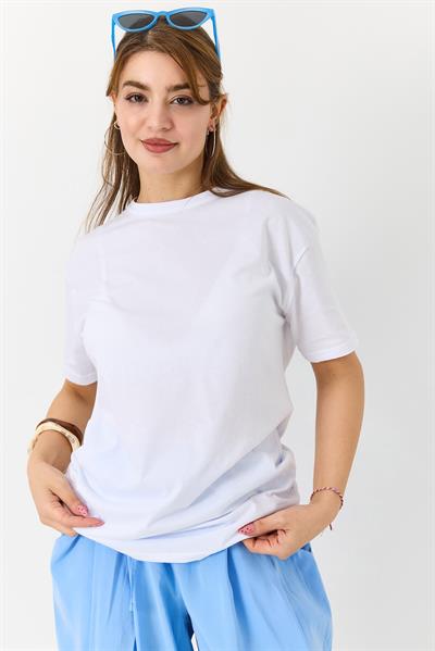 Kadın Bisiklet Yaka Baskısız Düz Bisiklet Yaka Tshirt Beyaz