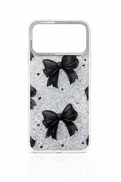 İphone 17 Pro Max Uyumlu Siyah Fiyonk Desenli Glitterlı Kılıf Şeffaf