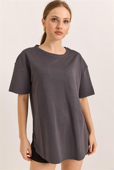 Oysh Yumuşak Dokulu Eteği Oval Modal Tshirt Füme