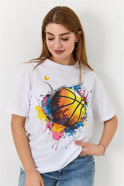 Kadın Basketbol Grafik Baskılı Günlük Tshirt  Beyaz