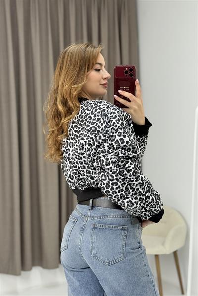 Leopar Desen Crop Şişme Mont Gri 