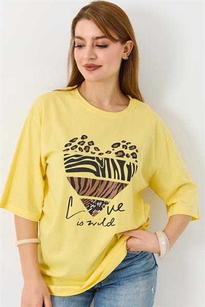 Kadın Kalp Baskılı Bisiklet Yaka Tshirt Sarı