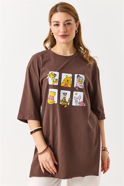 Kadın Yanı Yırtmaçlı Oversize Basic Tshirt Kahverengi