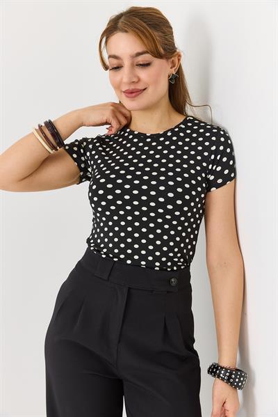 Kadın Puantiyeli Bisiklet Yaka Kısa Kollu Bluz Siyah