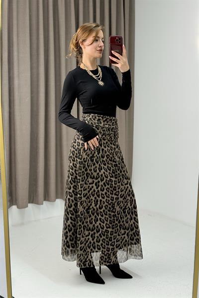 Kadın Astarlı Etnik Desen Uzun Volanlı Şifon Etek Leopar